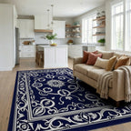 Classic Dark Blue White Floral Pattern Rug Living Room View