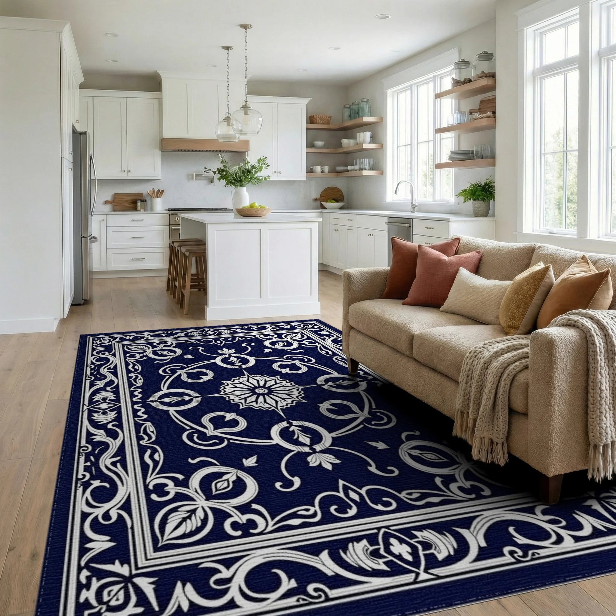 Classic Dark Blue White Floral Pattern Rug Living Room View