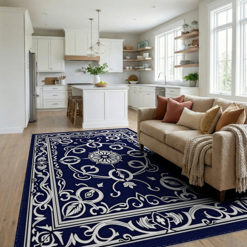 Classic Dark Blue White Floral Pattern Rug Living Room View
