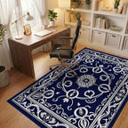Classic Dark Blue White Floral Pattern Rug Office View
