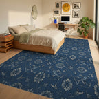 Classic Deep Blue Floral Vine Rug Bedroom View