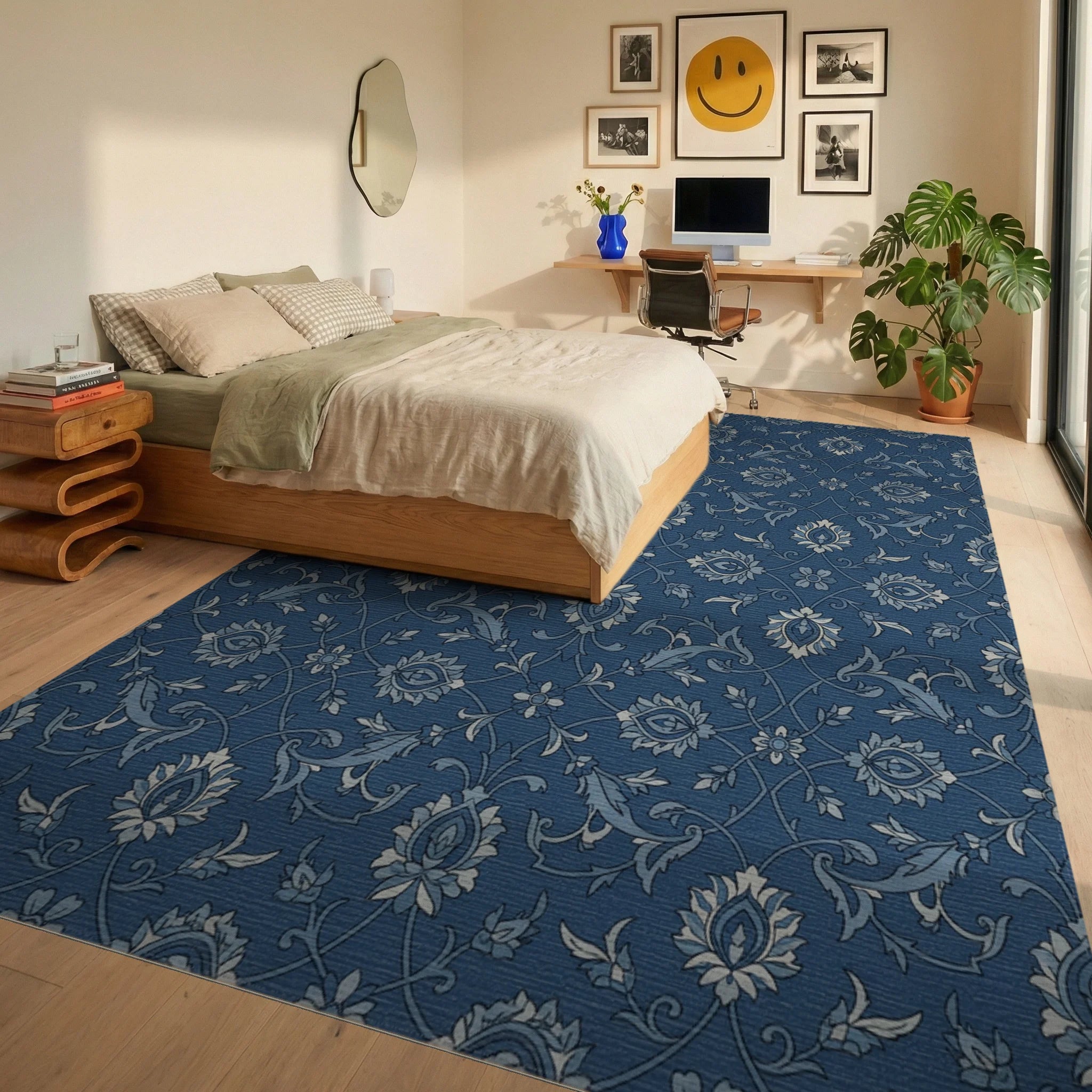 Classic Deep Blue Floral Vine Rug Bedroom View