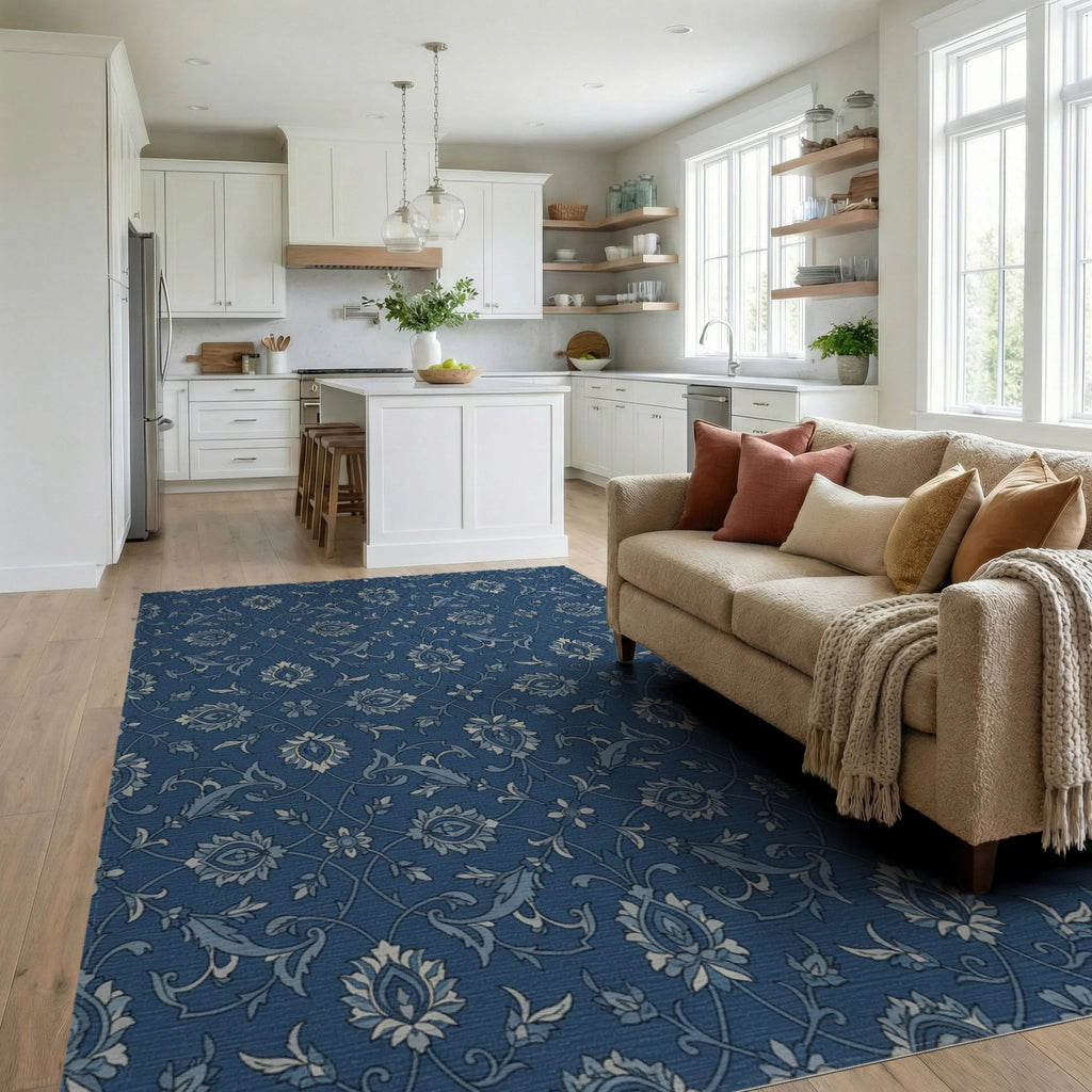 Classic Deep Blue Floral Vine Rug Living Room View
