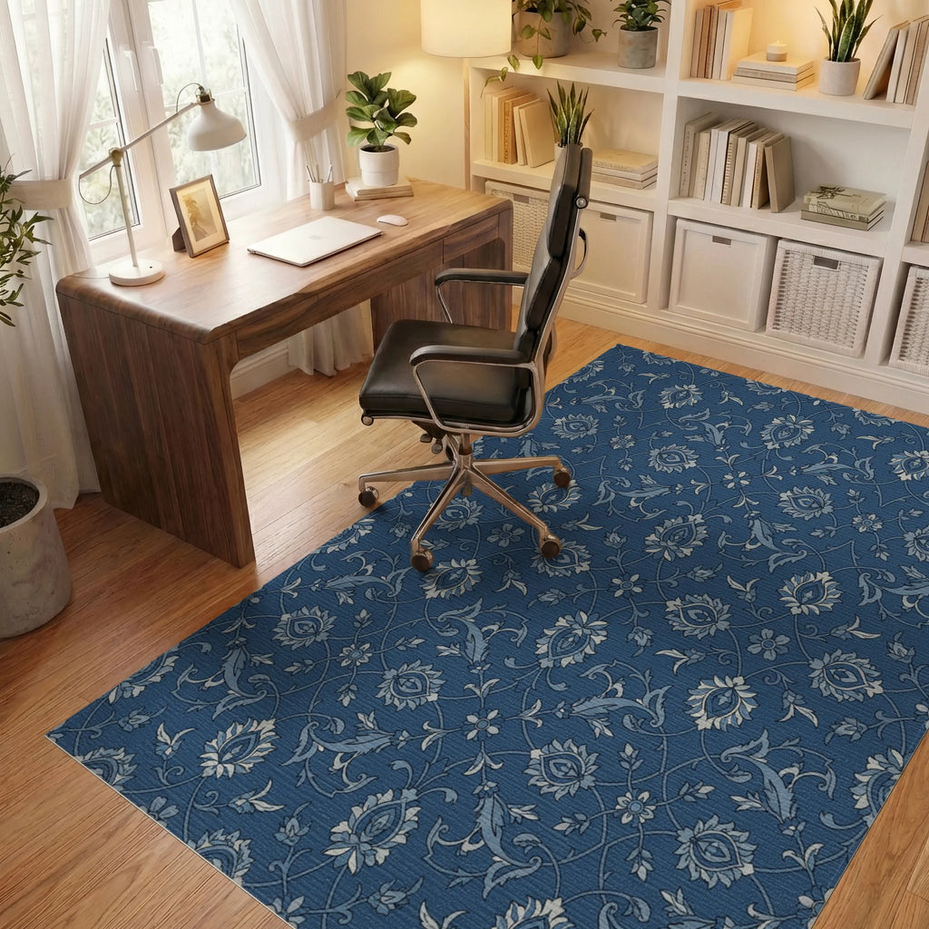 Classic Deep Blue Floral Vine Rug Office View
