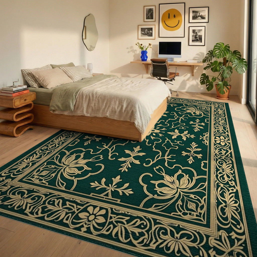 Classic Emerald Gold Floral Border Rug Bedroom View
