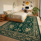 Classic Emerald Gold Floral Border Rug Bedroom View