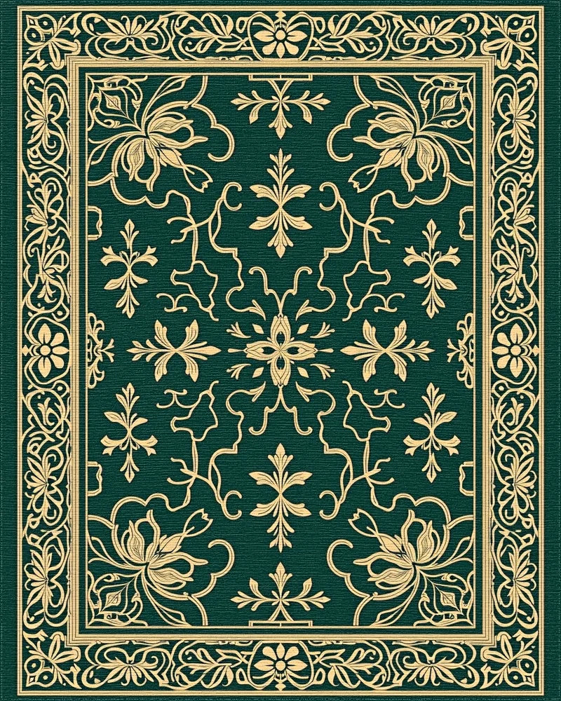 Classic Emerald Gold Floral Border Rug - Cutout View