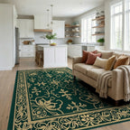 Classic Emerald Gold Floral Border Rug Living Room View