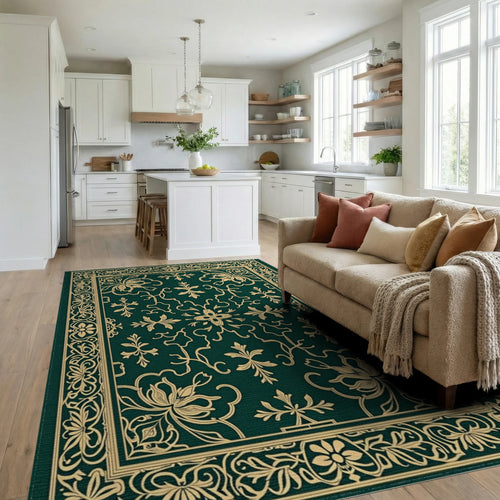 Classic Emerald Gold Floral Border Rug Living Room View