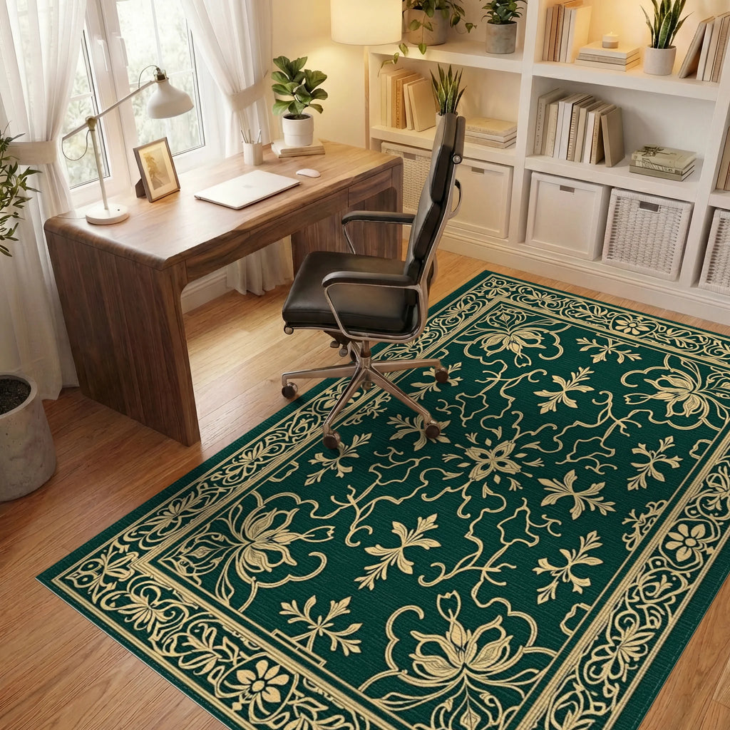 Classic Emerald Gold Floral Border Rug Office View