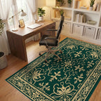 Classic Emerald Gold Floral Border Rug Office View