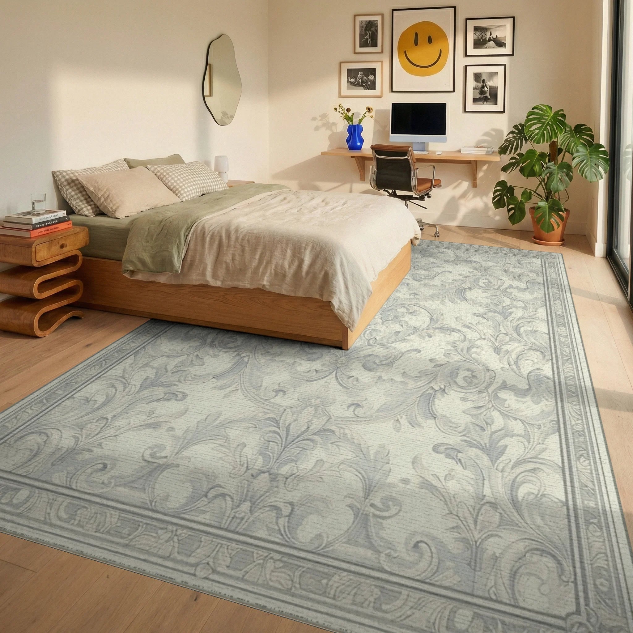Classic Filigree Damask Pattern Rug Bedroom View
