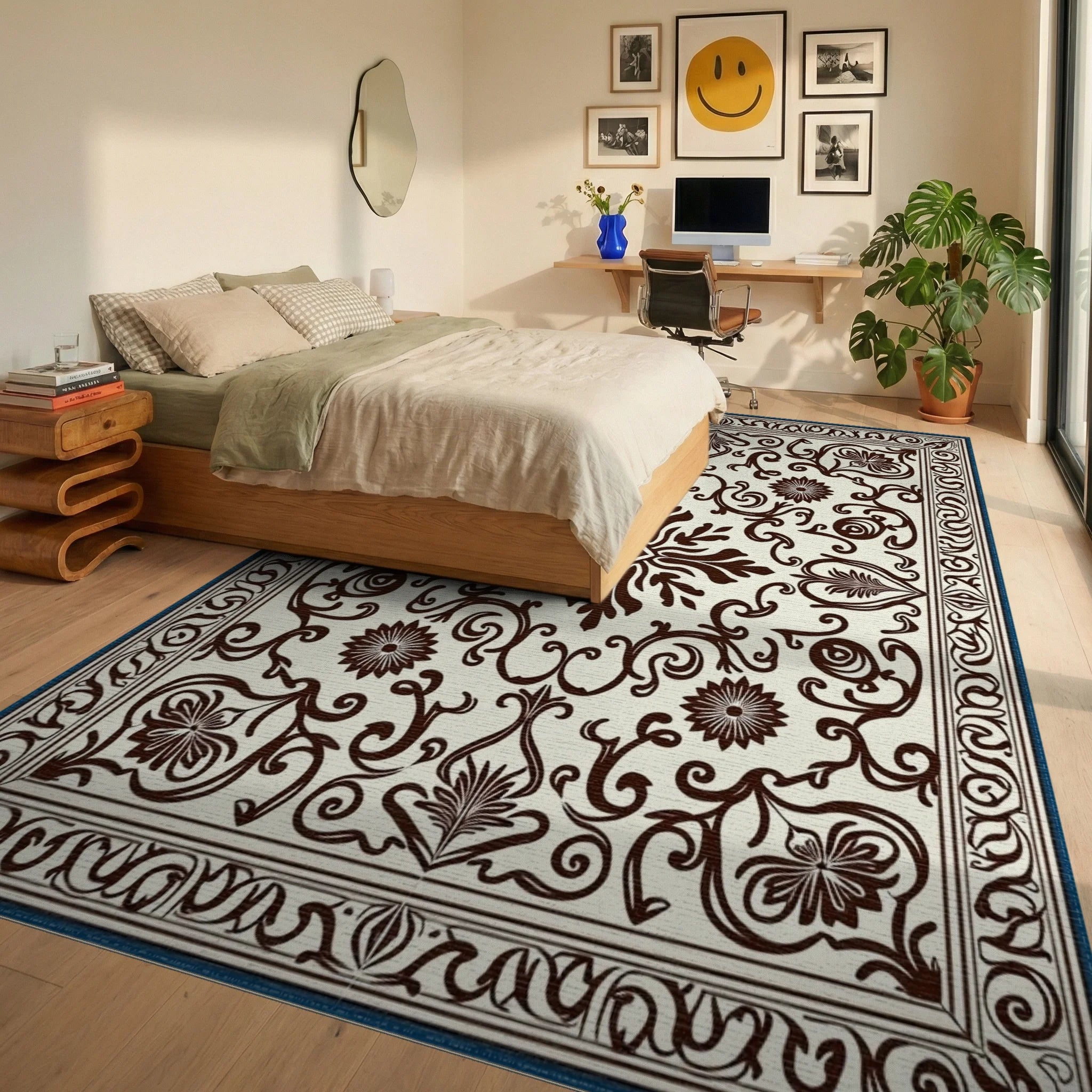 Classic Floral Brown Cream Medallion Rug Bedroom View