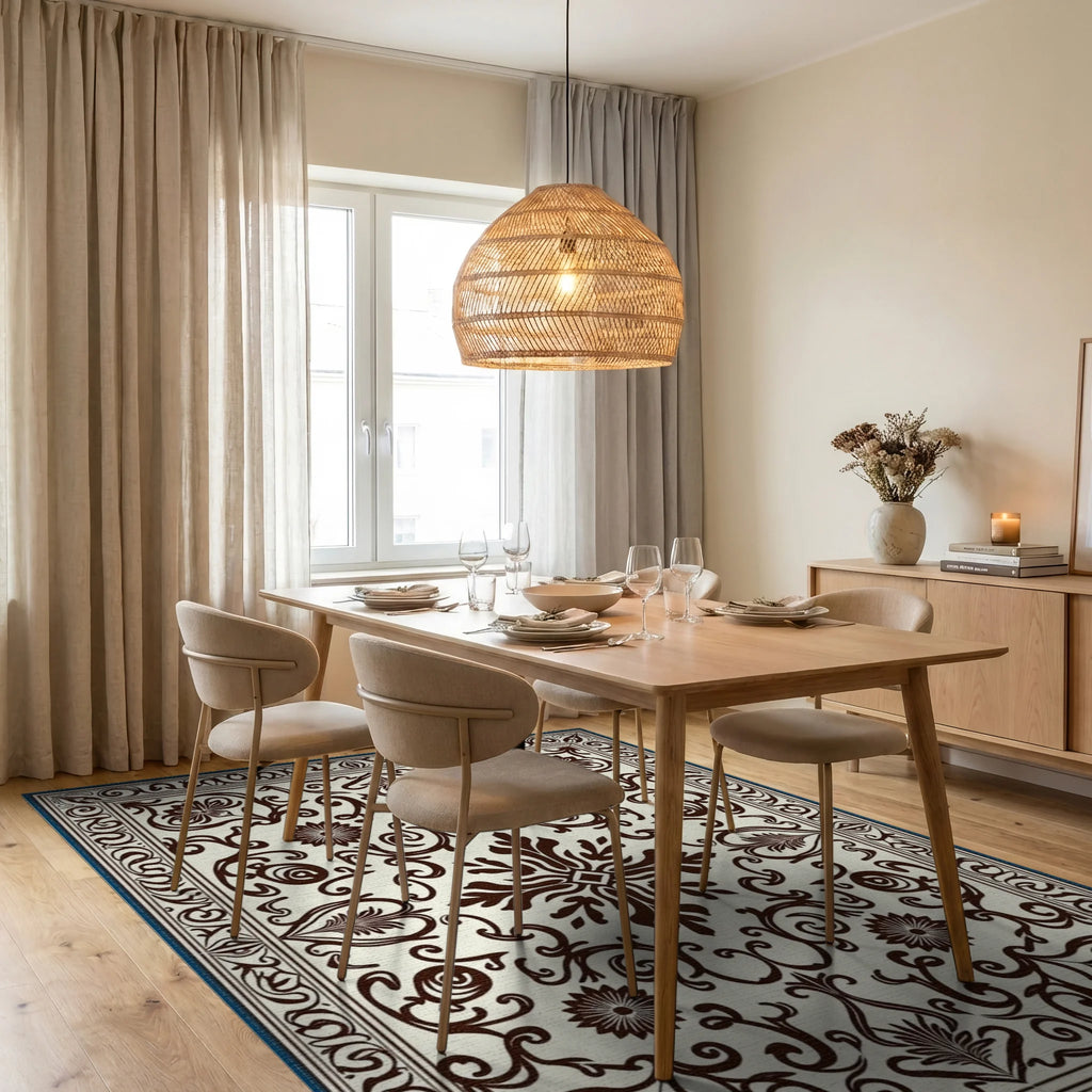 Classic Floral Brown Cream Medallion Rug Dining Room View