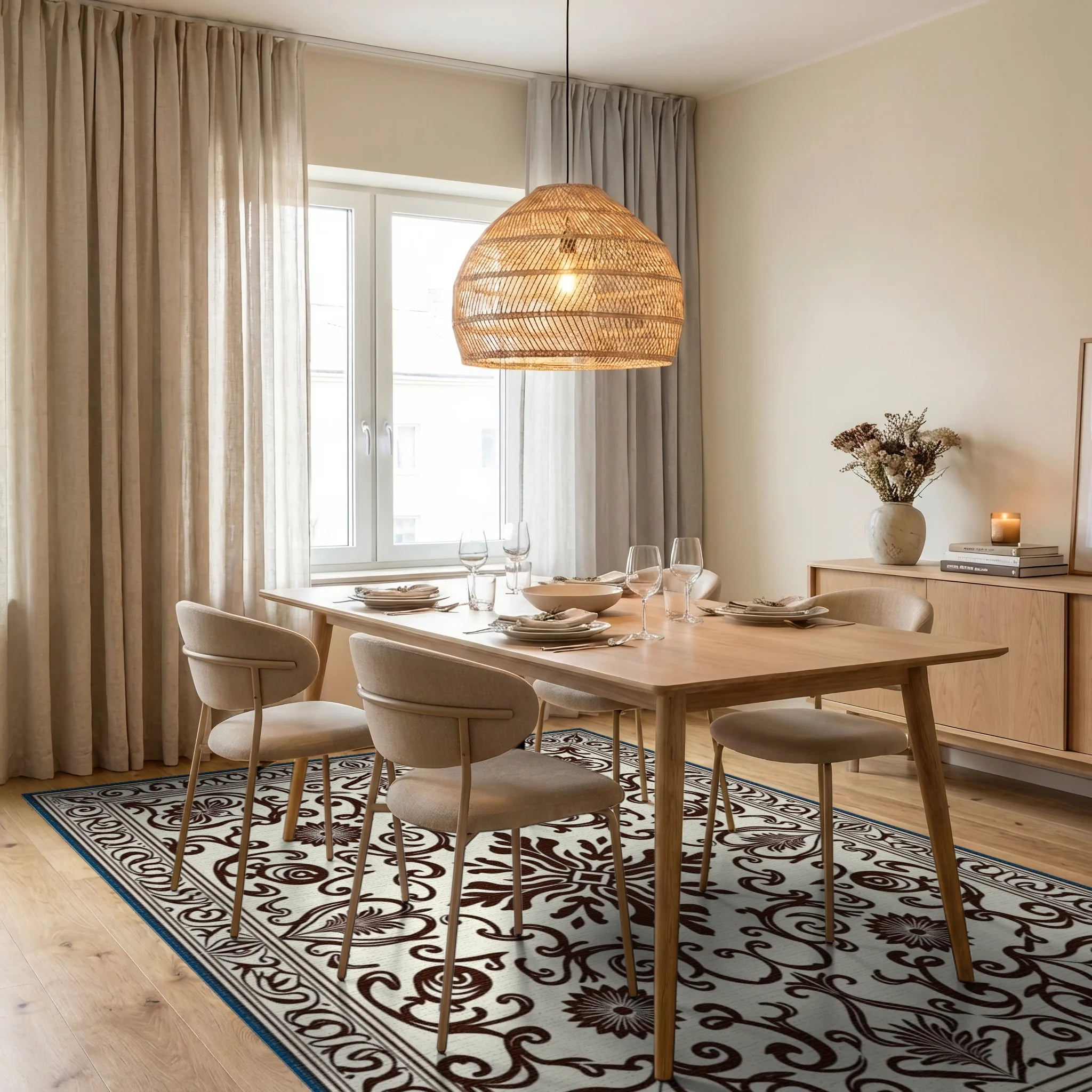 Classic Floral Brown Cream Medallion Rug Dining Room View