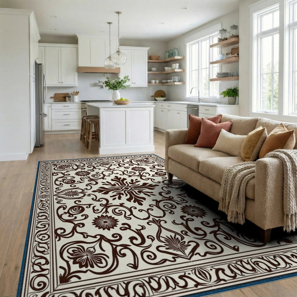 Classic Floral Brown Cream Medallion Rug Living Room View