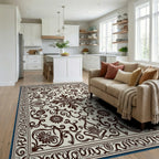 Classic Floral Brown Cream Medallion Rug Living Room View