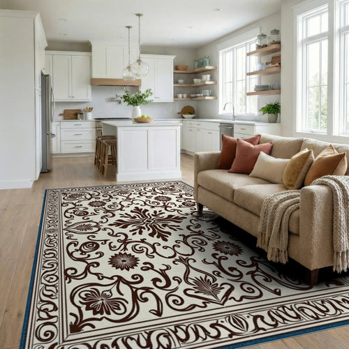 Classic Floral Brown Cream Medallion Rug Living Room View