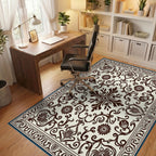 Classic Floral Brown Cream Medallion Rug Office View