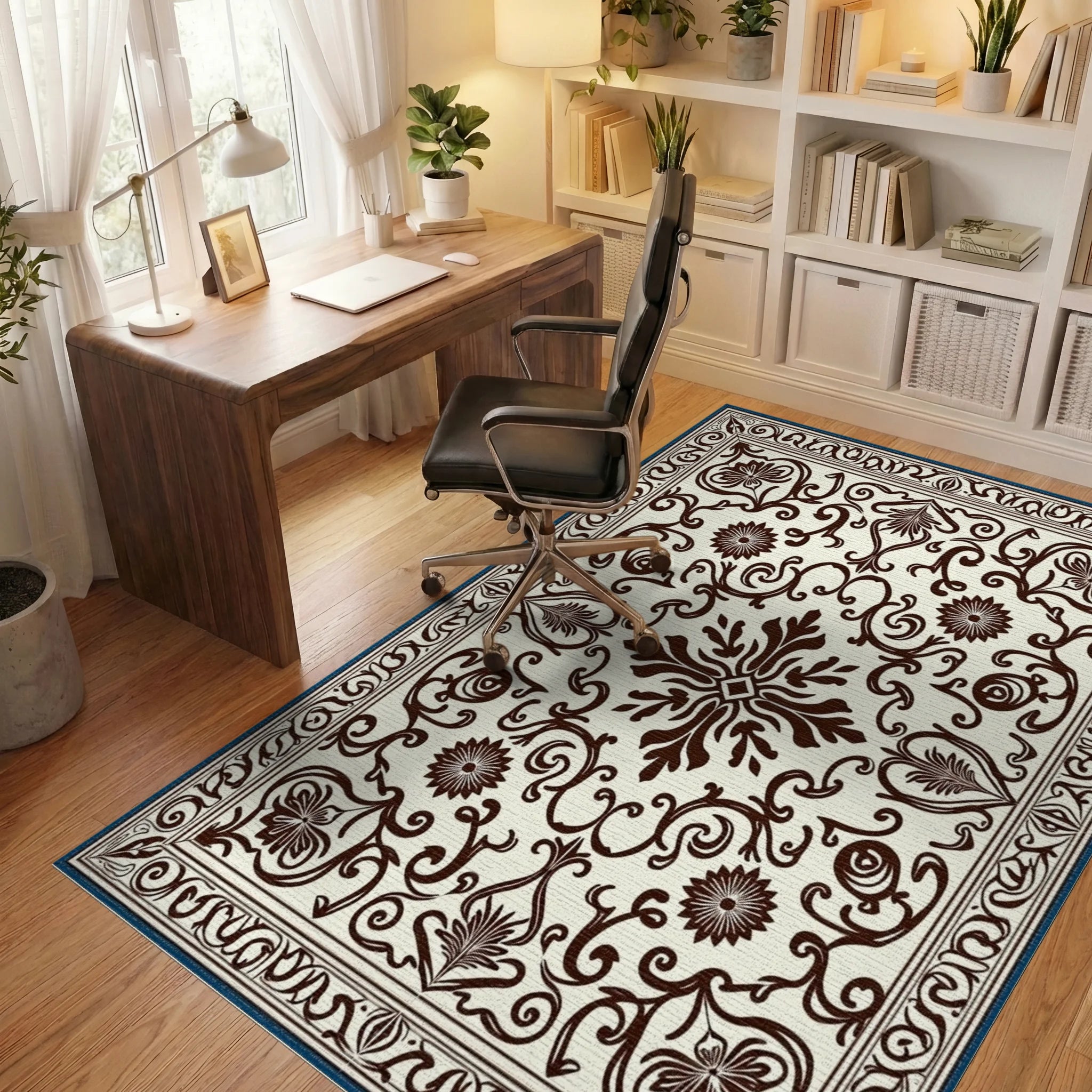 Classic Floral Brown Cream Medallion Rug Office View
