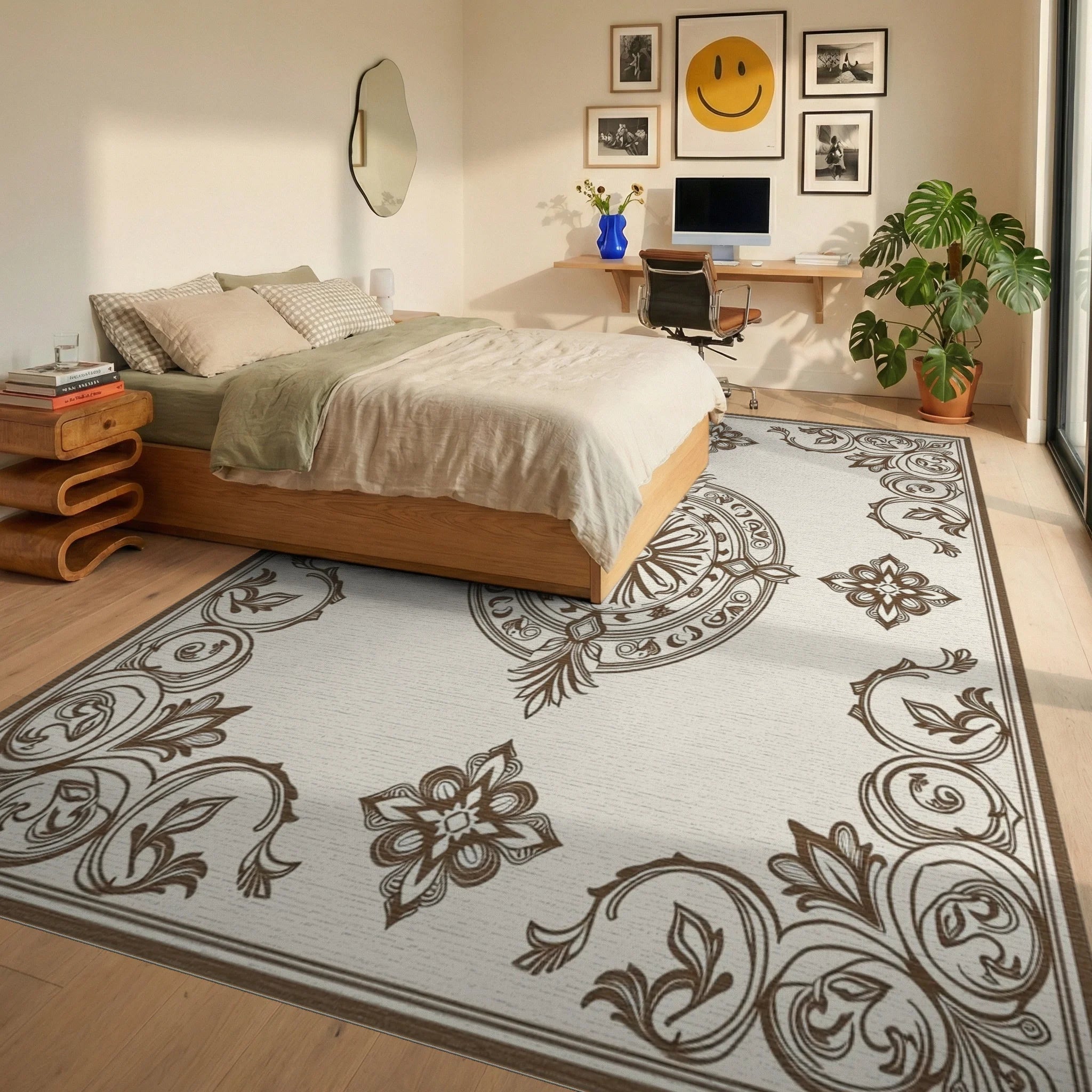 Classic Floral Emblem Border Design Rug Bedroom View