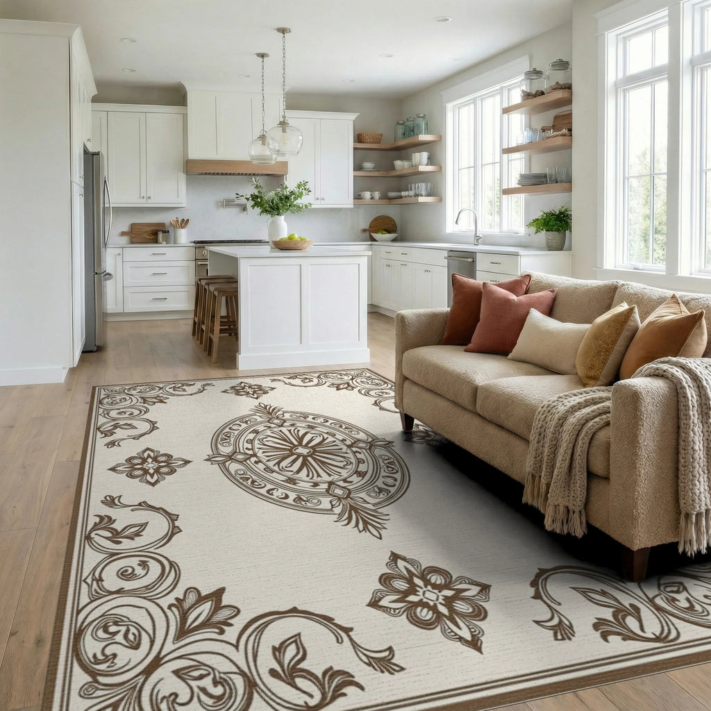 Classic Floral Emblem Border Design Rug Living Room View