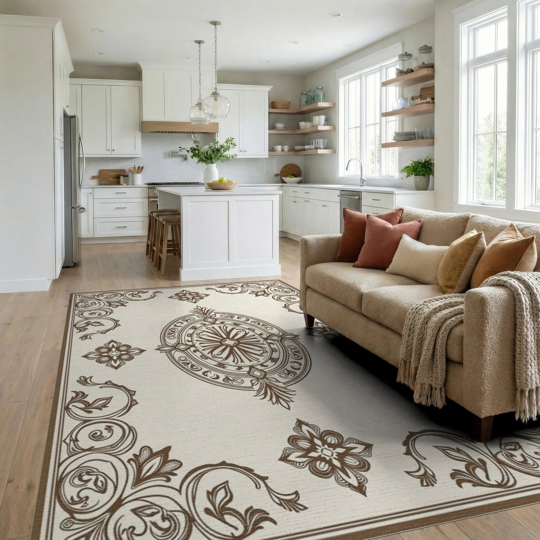 Classic Floral Emblem Border Design Rug Living Room View