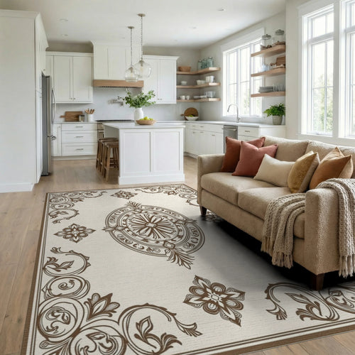 Classic Floral Emblem Border Design Rug Living Room View
