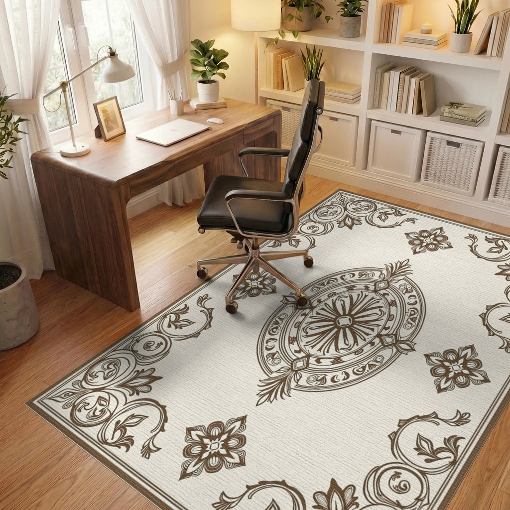 Classic Floral Emblem Border Design Rug Office View