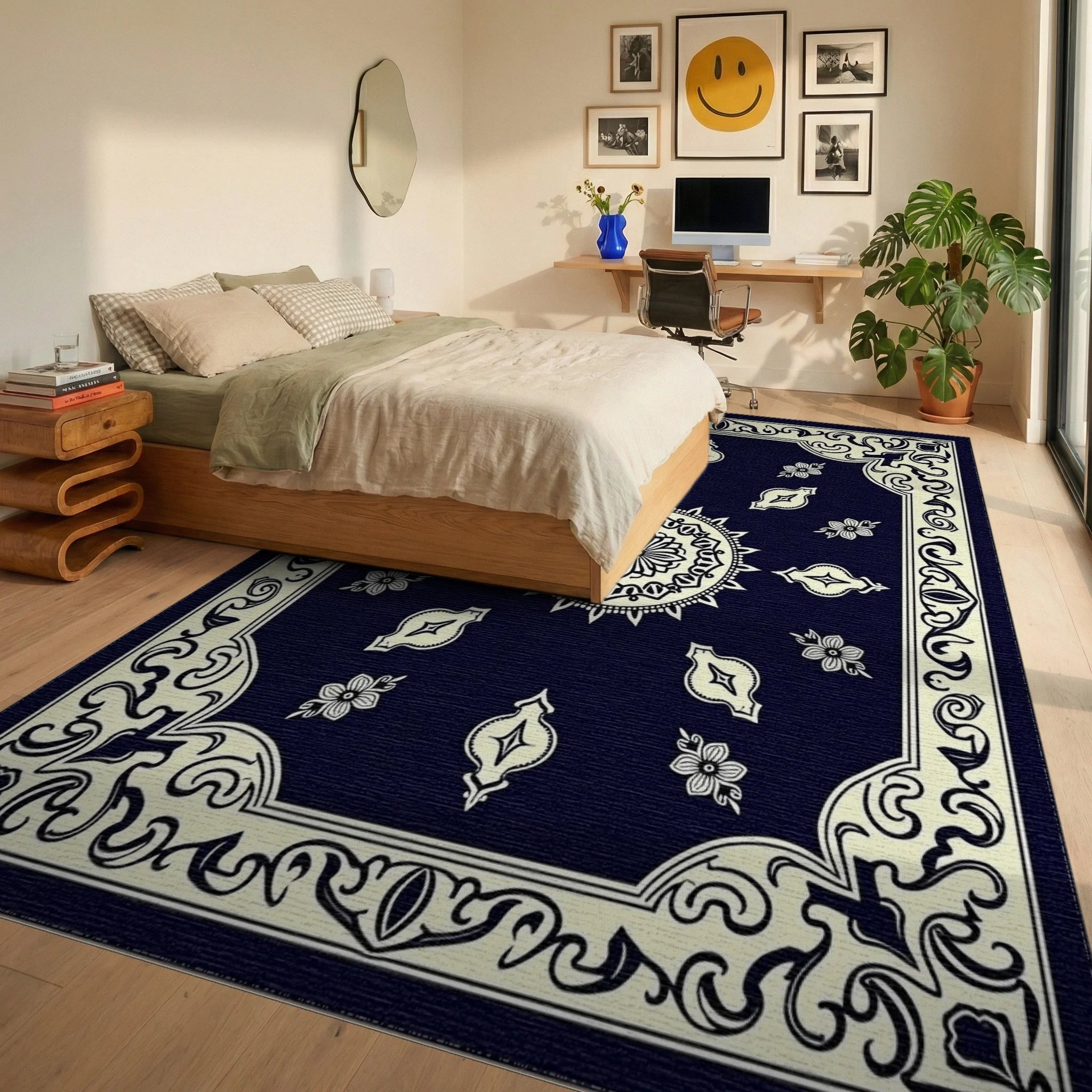 Classic Floral Mandala Border Design Rug Bedroom View