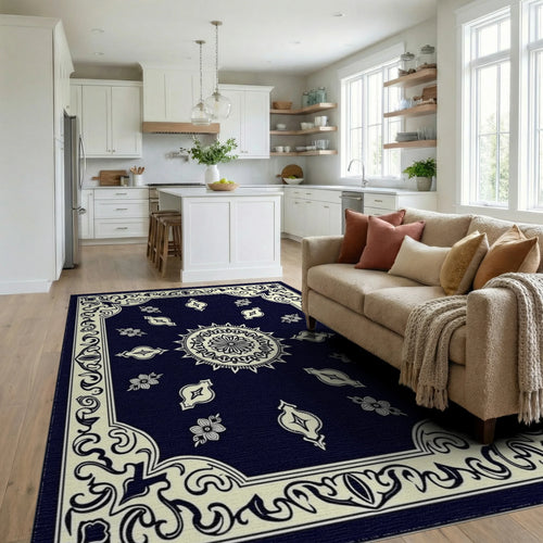 Classic Floral Mandala Border Design Rug Living Room View