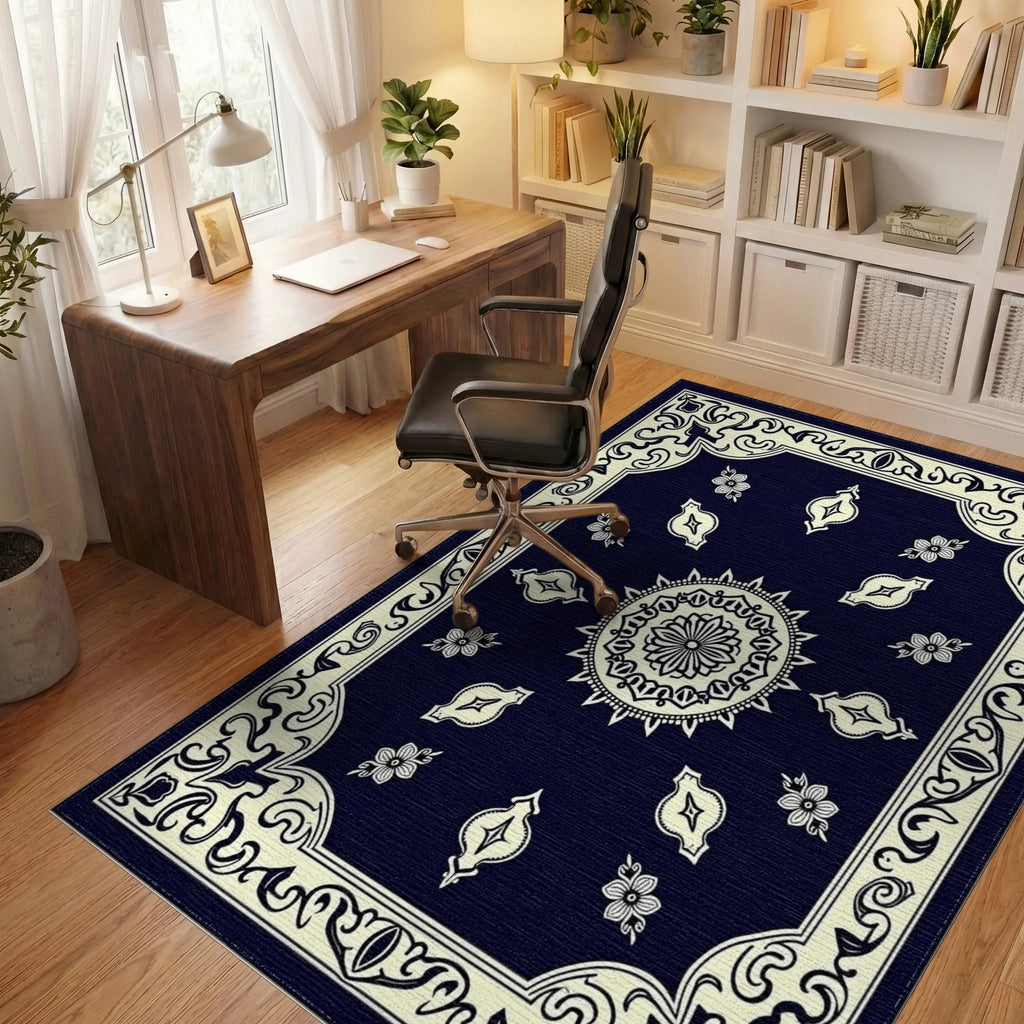 Classic Floral Mandala Border Design Rug Office View