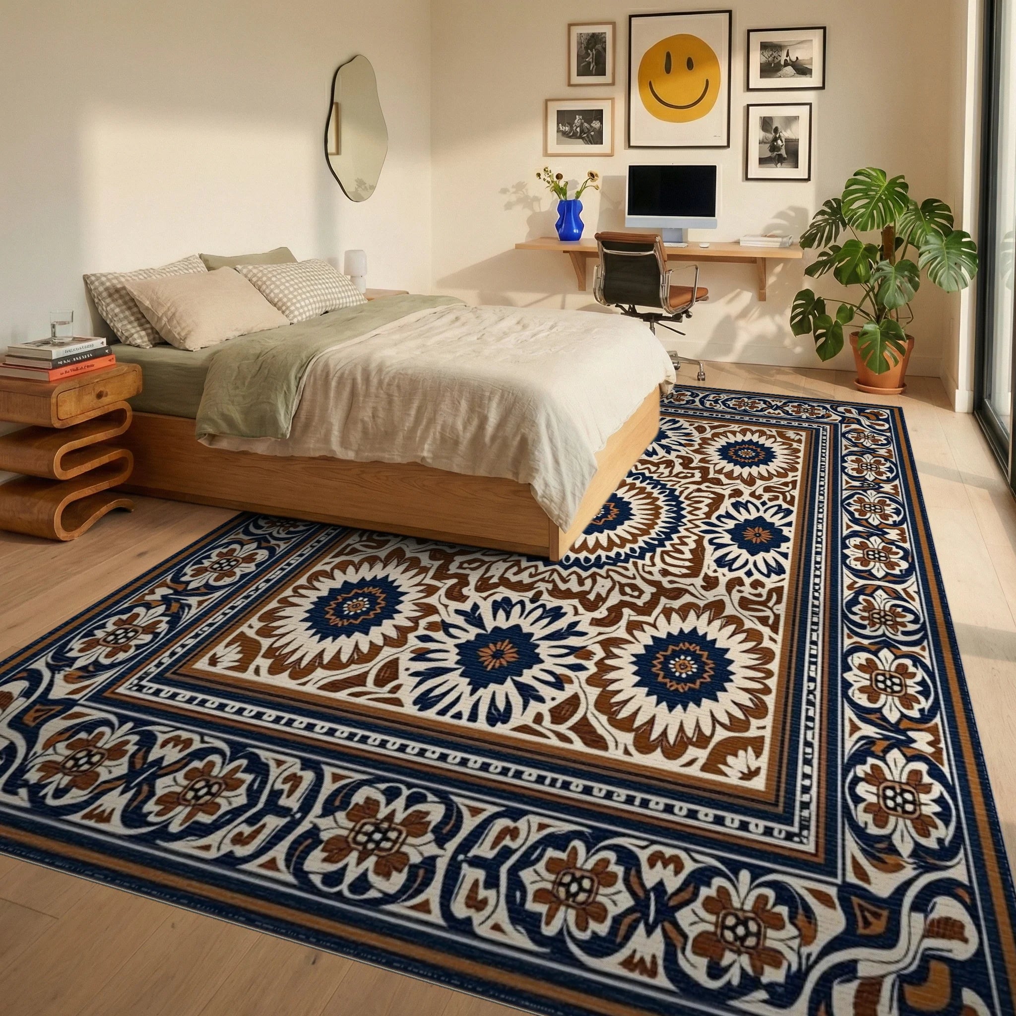Classic Floral Medallion Bordered Rug Bedroom View