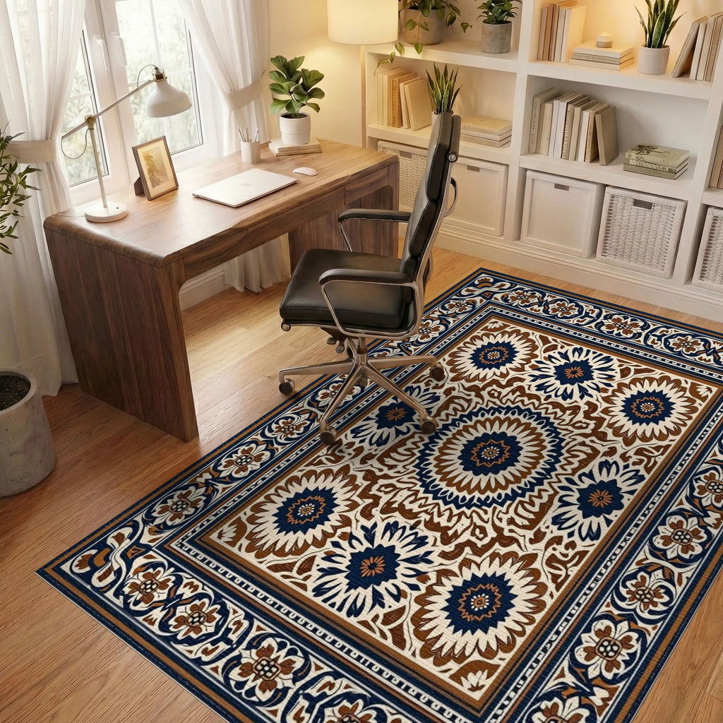 Classic Floral Medallion Bordered Rug Office View