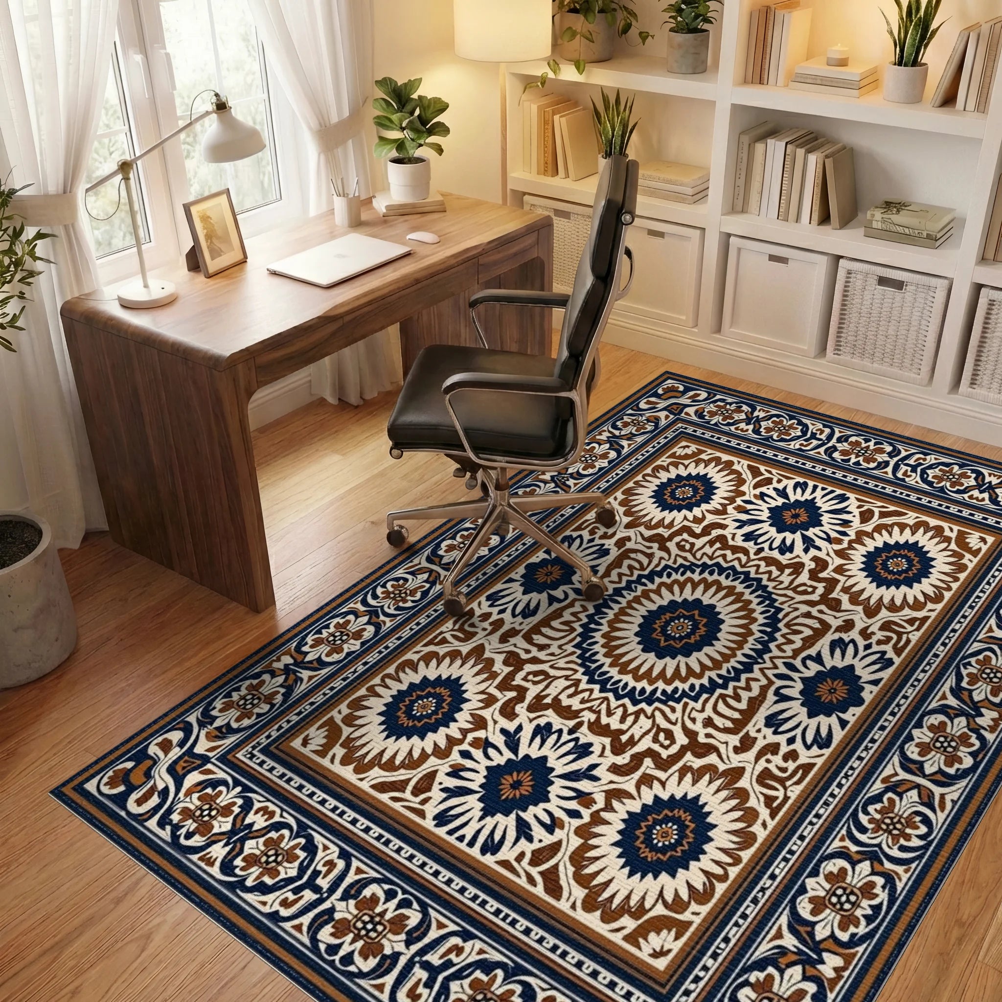 Classic Floral Medallion Bordered Rug Office View