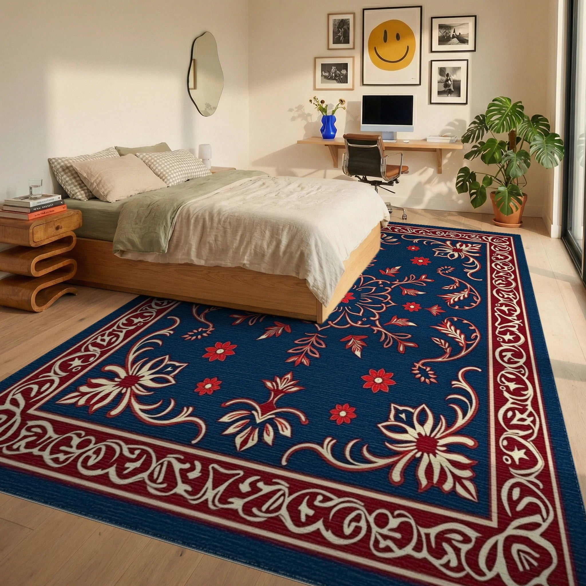 Classic Floral Medallion Red Blue Rug Bedroom View