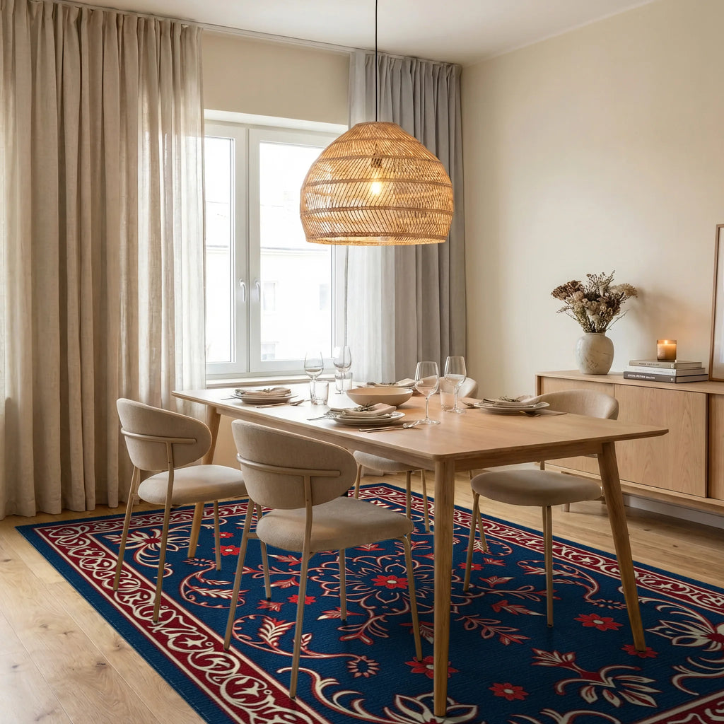 Classic Floral Medallion Red Blue Rug Dining Room View