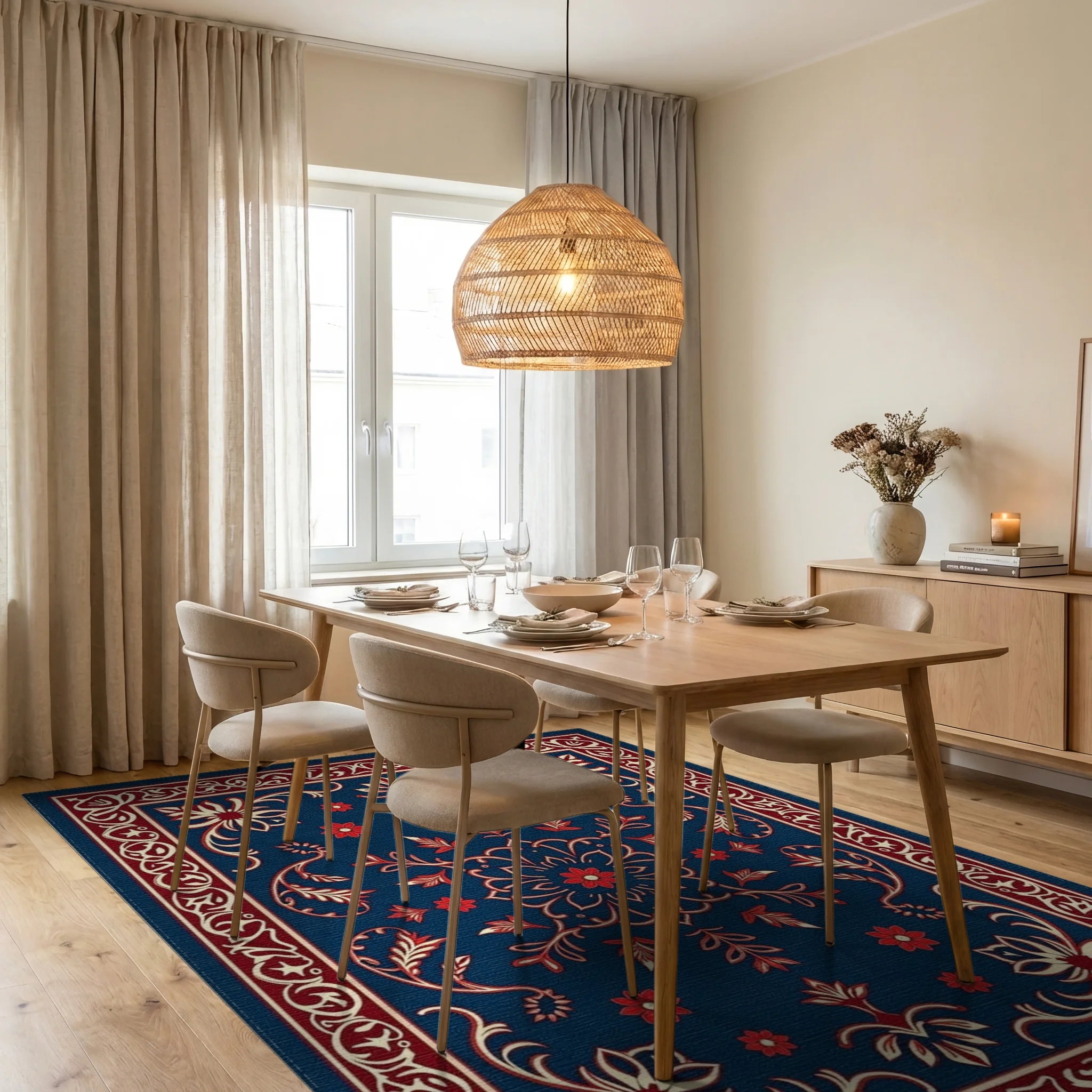 Classic Floral Medallion Red Blue Rug Dining Room View