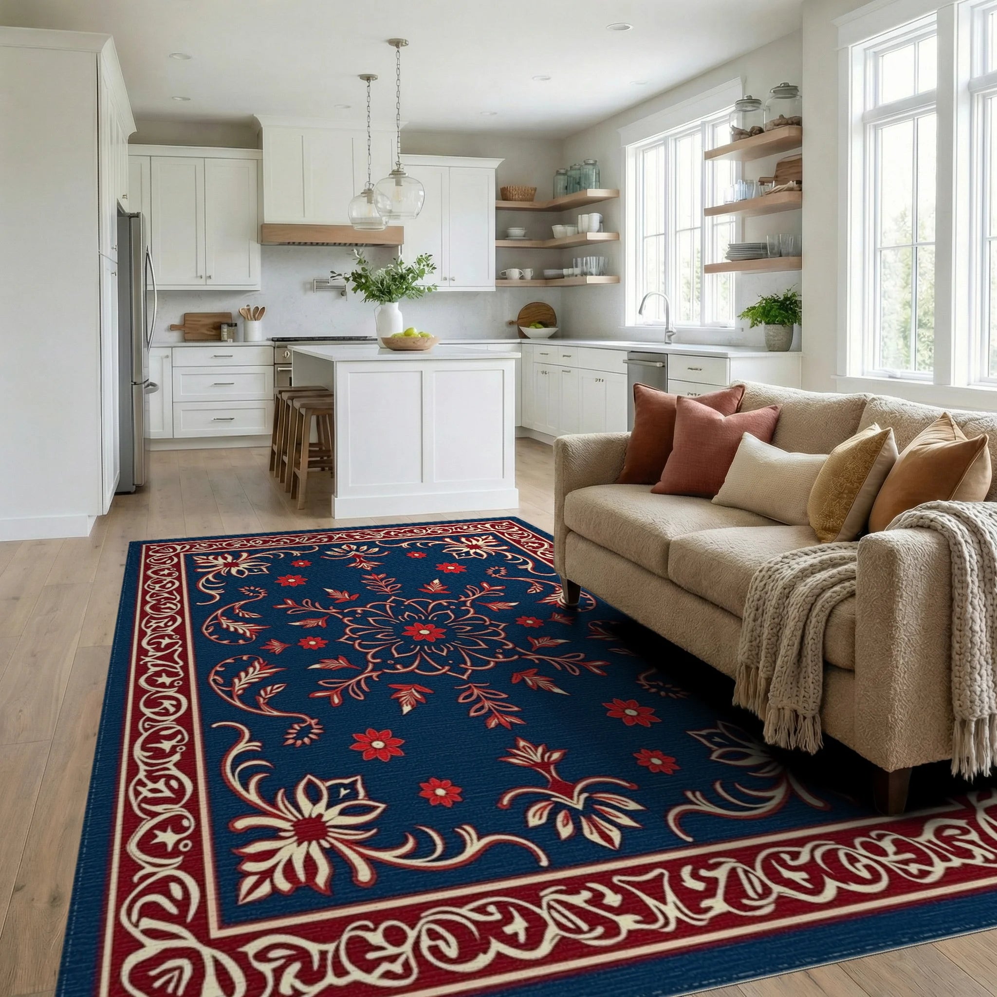 Classic Floral Medallion Red Blue Rug Living Room View