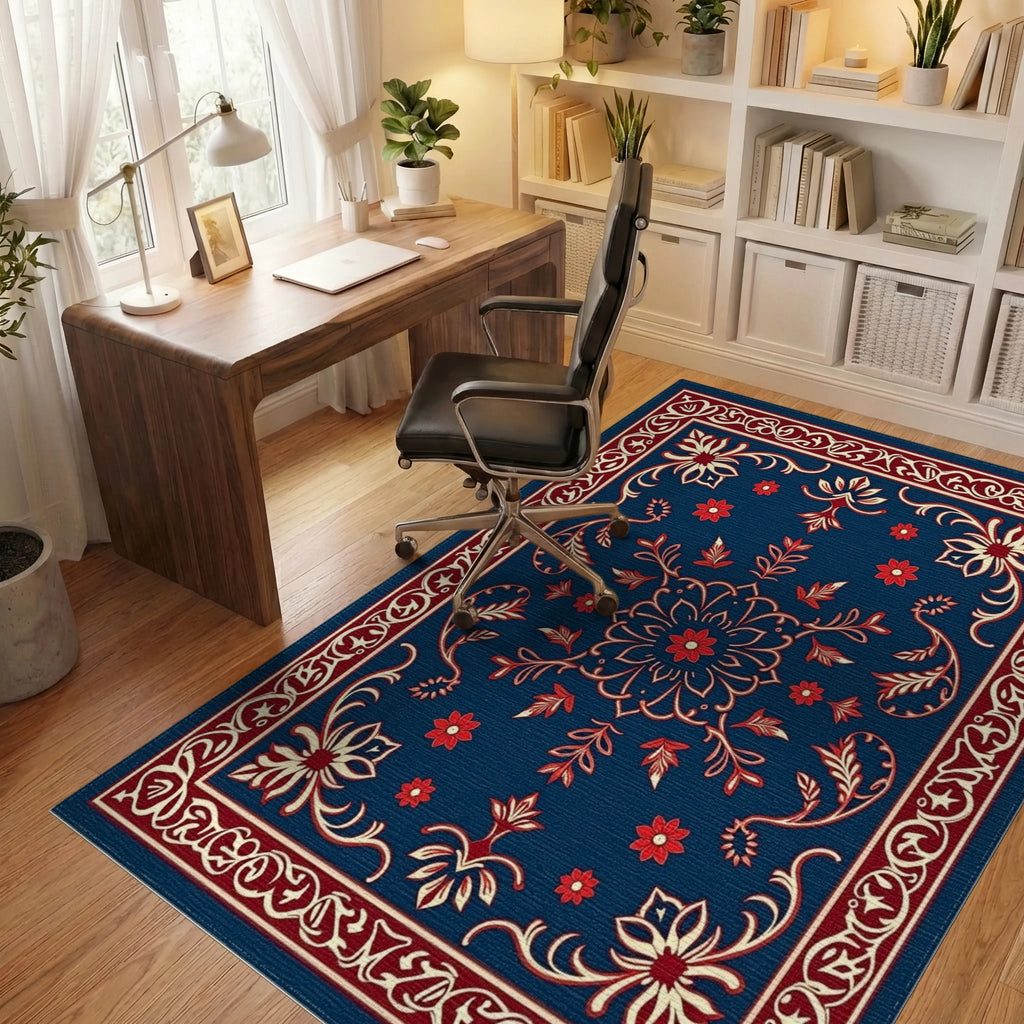 Classic Floral Medallion Red Blue Rug Office View