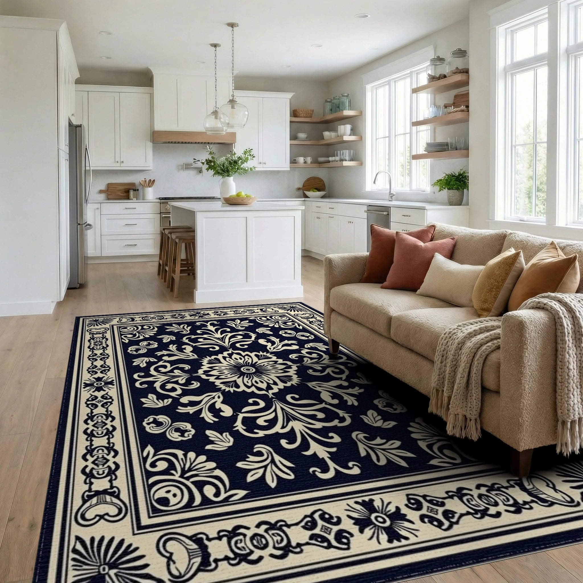 Classic Floral Ornament Patterned Rug Living Room View