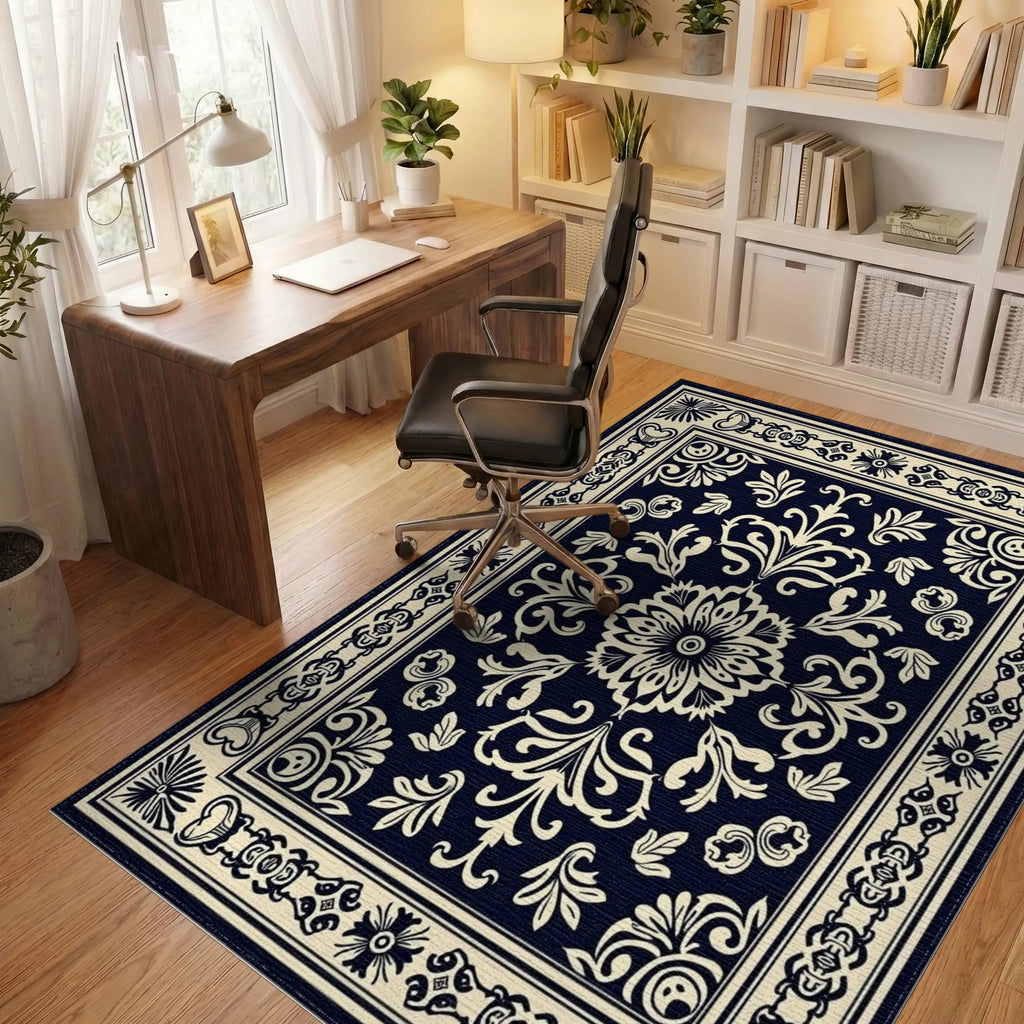 Classic Floral Ornament Patterned Rug Office View