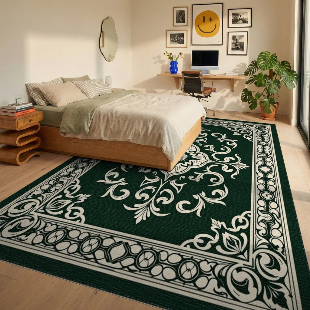 Classic Floral Scrollwork Damask Pattern Rug Bedroom View