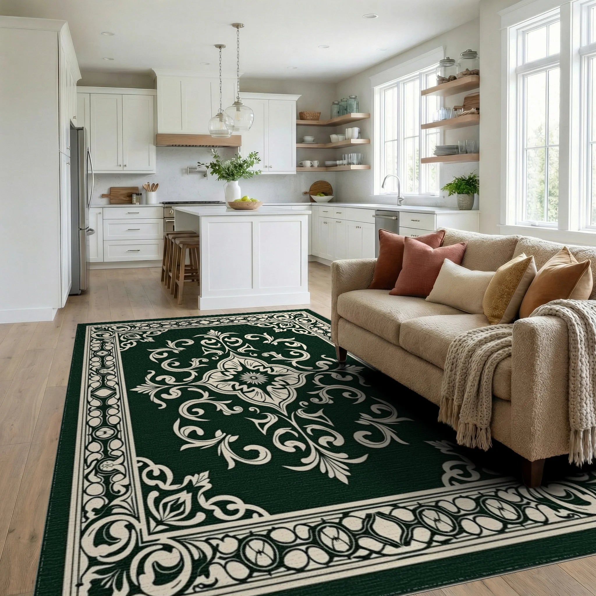 Classic Floral Scrollwork Damask Pattern Rug Living Room View