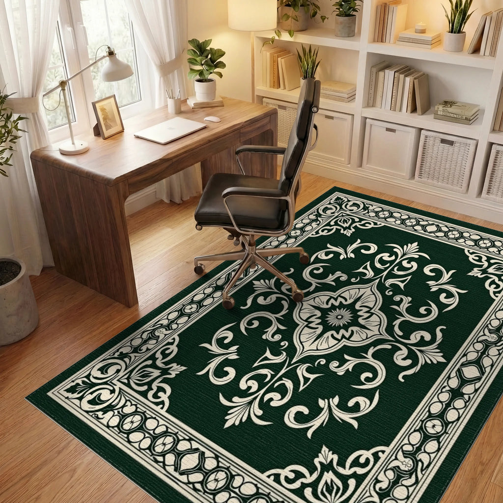 Classic Floral Scrollwork Damask Pattern Rug Office View