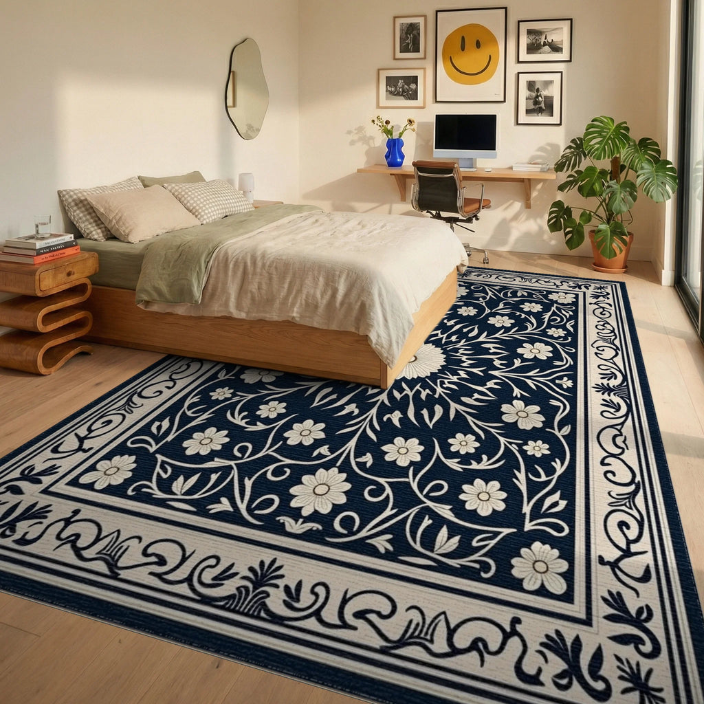 Classic Floral Scrollwork Navy Rug Bedroom View