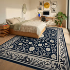 Classic Floral Scrollwork Navy Rug Bedroom View