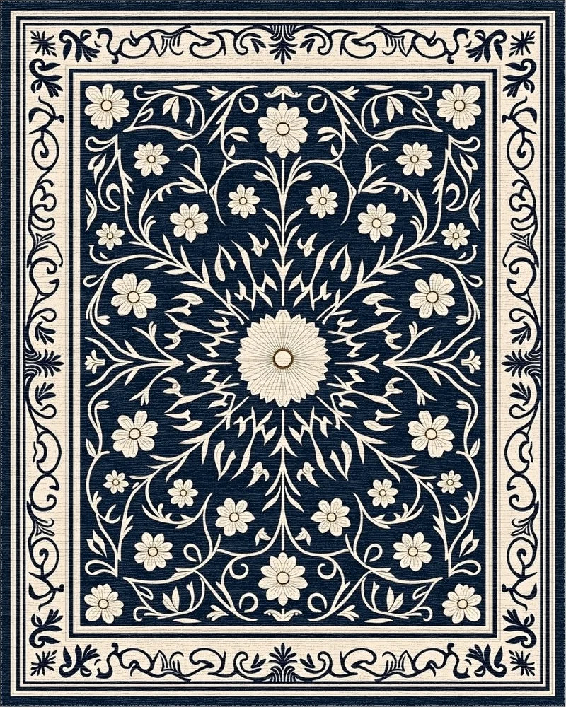 Classic Floral Scrollwork Navy Rug - Cutout View