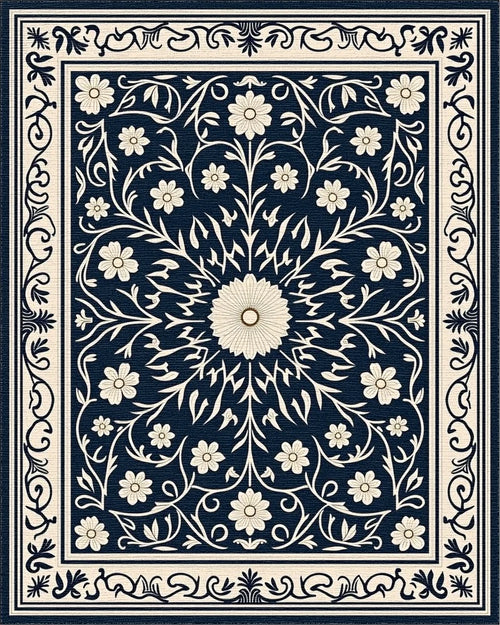 Classic Floral Scrollwork Navy Rug - Cutout View