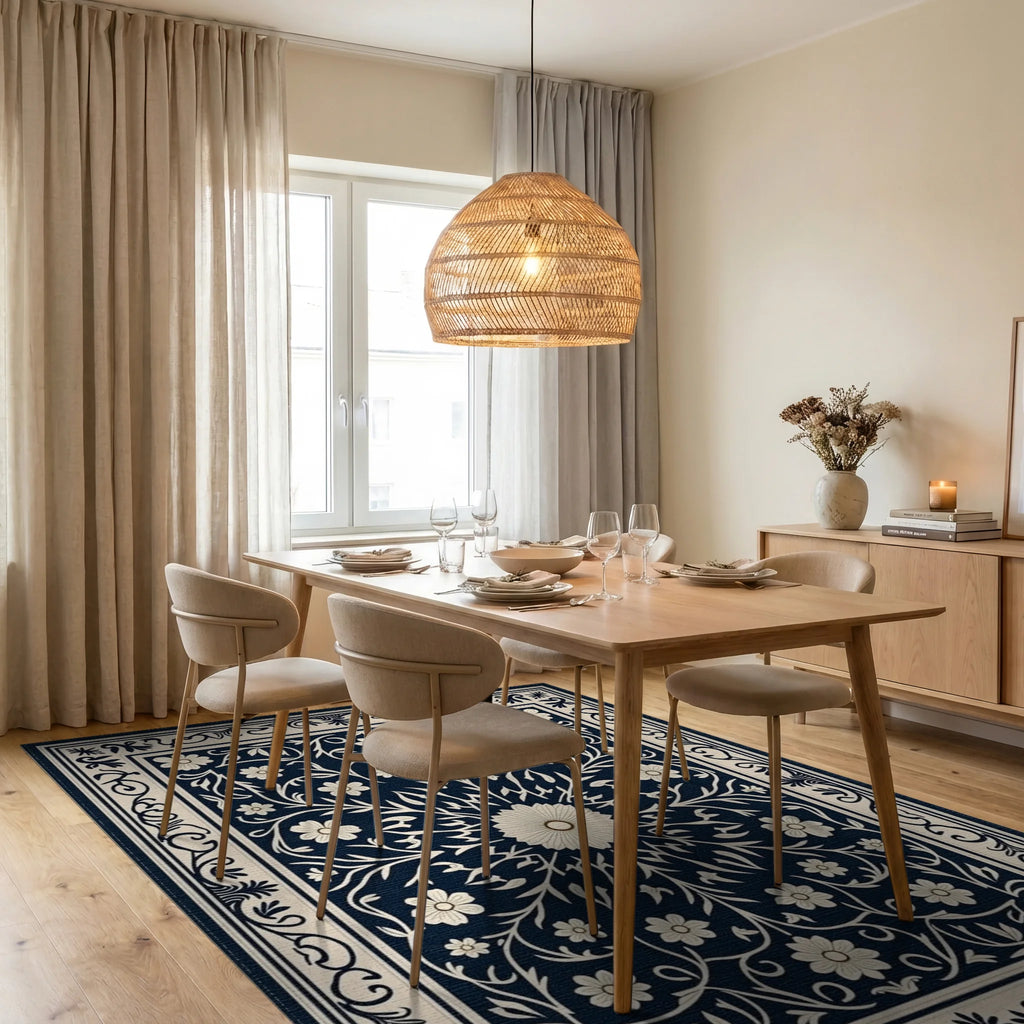 Classic Floral Scrollwork Navy Rug Dining Room View